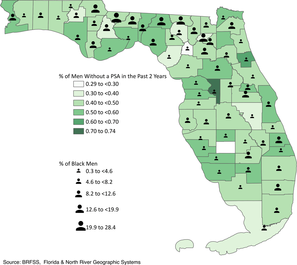 23_0203_01 In counties across the state where the percentage of Black male residents was higher, more than 40% of men had not undergone a PSA test in the last 2 years.