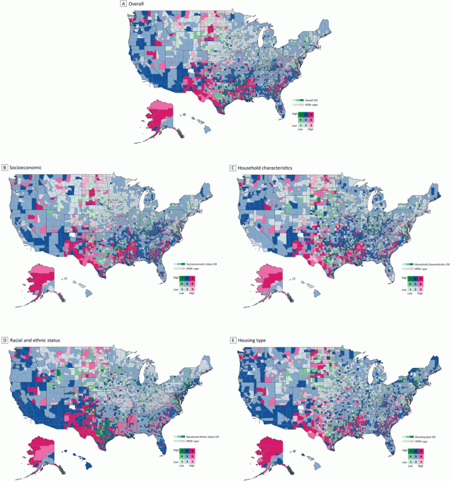 23_0315_01 The five separate maps show the relationship overall and by socioeconomic status, household characteristics, racial and ethnic status, and housing type. The whole HPSA and high SVI areas on all maps are predominantly in Alaska and along the Texas border with Mexico. Areas of no HPSA and low SVI are mostly in the north-central US.