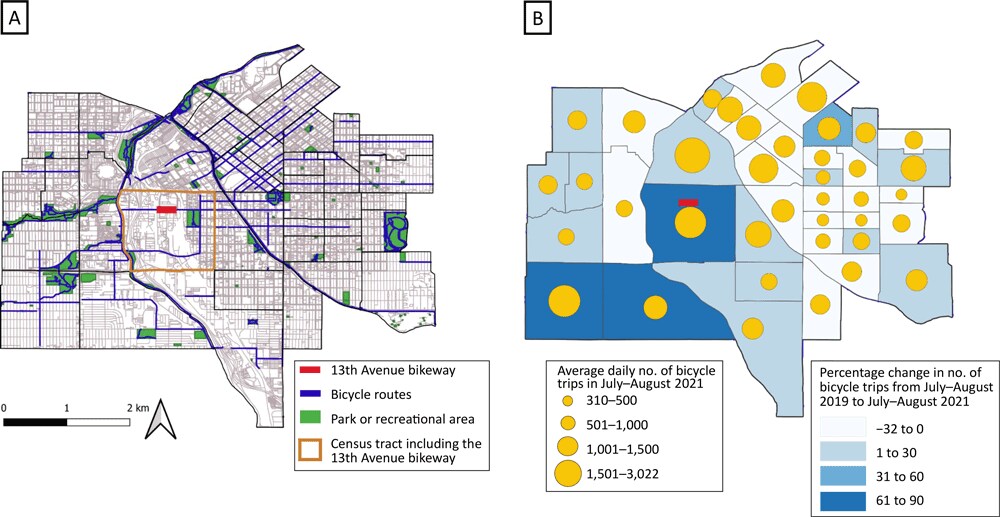 Maps can highlight connections of bicycle networks to amenities such as parks, which can facilitate physical activity through active transportation. Mapping bicycling volume after a community design intervention can provide information about the value of infrastructure investments to increase physical activity. A. Bicycle routes, parks, recreational areas, and the newly constructed 13th Avenue bikeway in downtown Denver, Colorado. B. Average daily bicycle volume in 2021 and percentage change in bicycle volume from July–August 2019 (before) to July–August 2021 (after) construction of the 13th Avenue bikeway in downtown Denver, Colorado.