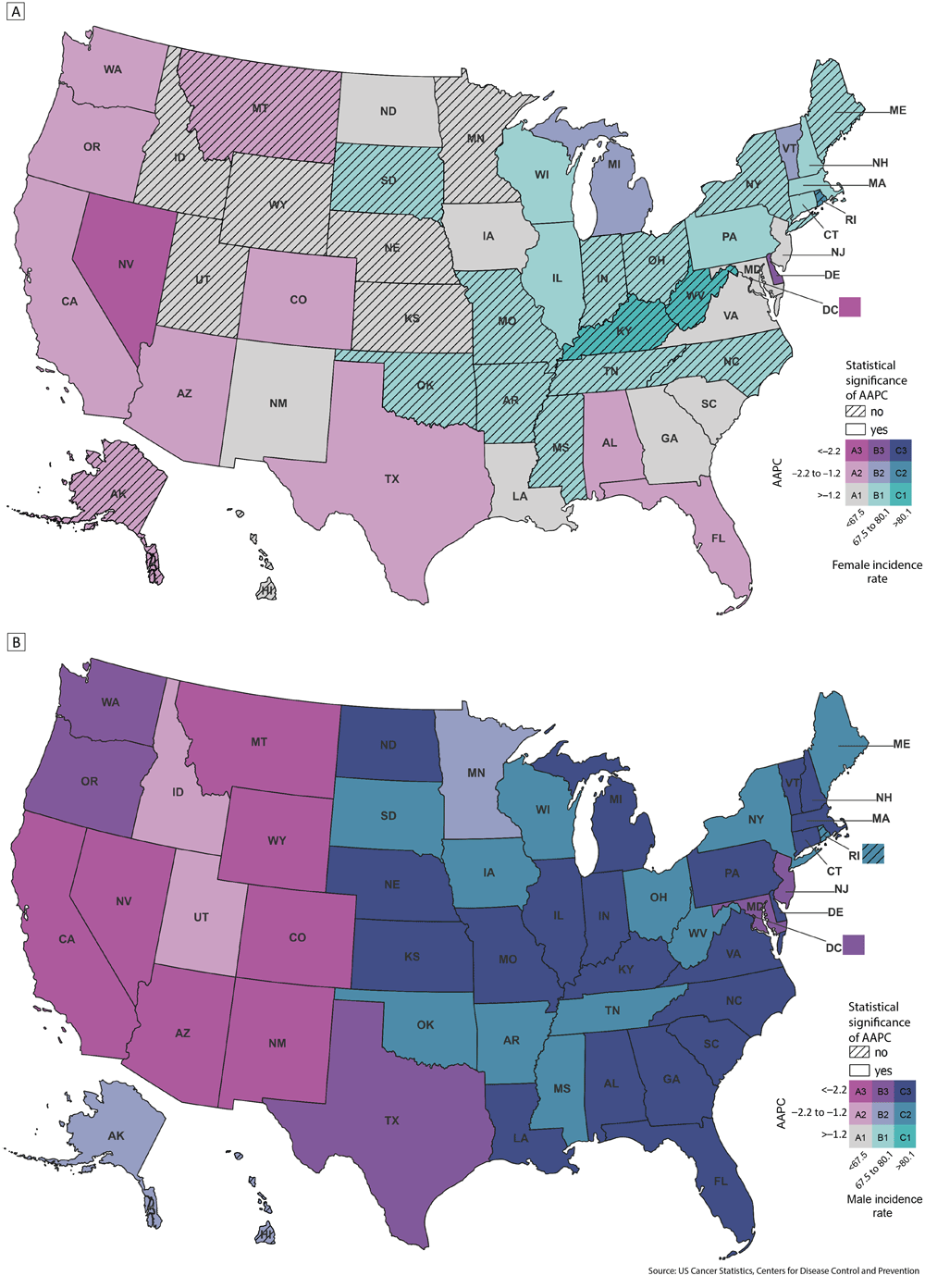A pair of bivariate choropleth maps of the US displaying state-level lung cancer incidence rates and AAPC from 2010 through 2019, with Map A showing results for female adults and Map B showing results for male adults. The lowest incidence and fastest declines in incidence were observed in the West.