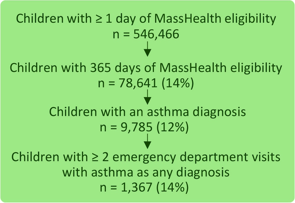 Sample selection results from 2019 MassHealth (Massachusetts Medicaid) medical and eligibility claims, accessed via their data warehouse.