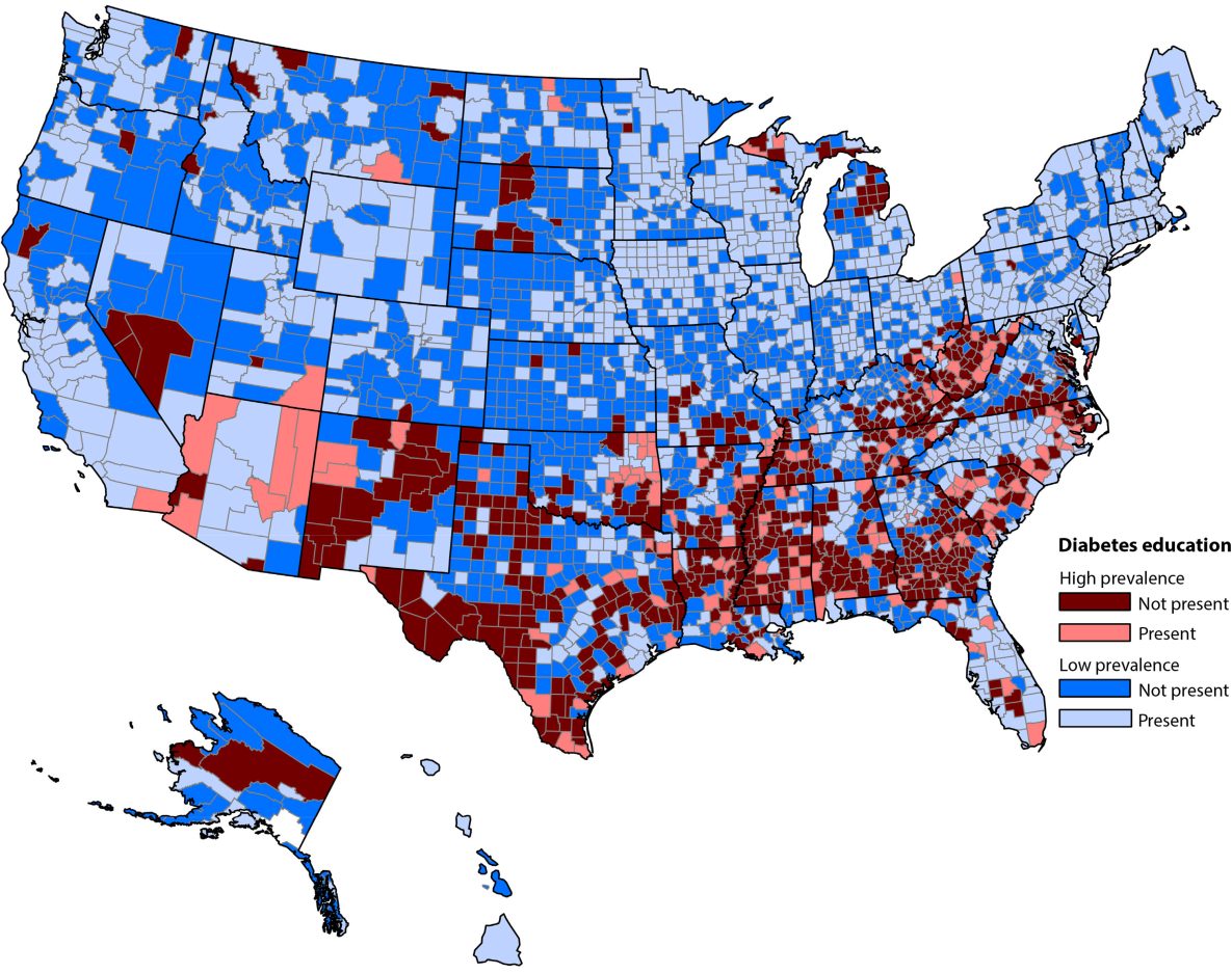 The map shows that areas of high prevalence occurred mostly in the southern states and the Mid-Atlantic region. Among 790 counties with high estimated diabetes prevalence, 164 counties had DSMES (20.8%), and 626 counties (79.2%) lacked this service. Conversely, among 2,351 low diabetes prevalence counties, 1,125 (47.8%) had in-county DSMES and 1,236 counties (52.1%) lacked this service.