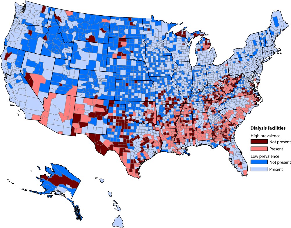 Of 790 counties with adult diabetes prevalence of 14.4% or higher, 417 (52.8%) had in-county dialysis, and 373 (47.2%) did not. Among counties with lower adult diabetes prevalence (14.3% or less), 1,443 (61.4%) had in-county dialysis, while 908 counties (38.6%) lacked this service.