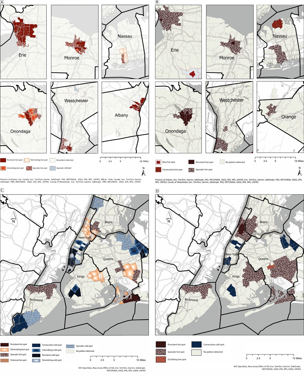 24_0059_01 Panels A and B show results of Emerging Hot Spot Analysis (Esri) by zip code level for counties outside New York City with a high asthma burden, before and during the COVID-19 pandemic. Hot spots were detected in urban areas, including Albany (Albany County), Buffalo (Erie County), Rochester (Monroe County), Syracuse (Onondaga County), around Hempstead (Nassau County), and around Yonkers (Westchester County). The analyses for Dutchess and Orange counties did not yield significant results in the 2016 to 2019 time period. The analyses for Dutchess and Albany counties did not yield significant results in the 2020 to quarter 2, 2022 time period. Results for Albany County may be affected by missing data caused by a known lag in reporting by area hospitals during the pandemic. A: Emerging Hot Spot Analysis of zip code-level quarterly asthma emergency department visits per 10,000 population in high-asthma-burden counties, New York State, 2016 to 2019. B: Emerging Hot Spot Analysis of zip code-level quarterly asthma emergency department visits per 10,000 population in high-asthma-burden counties, New York State, 2020 to quarter 2, 2022. Panels C and D show results of Emerging Hot Spot Analysis by zip code level and by county for New York City before and during the COVID-19 pandemic. The dark gray lines represent county borders, and the light gray lines represent zip code borders. The area of zip codes in New York City is shaded according to the emerging hot spot result legend. Panel C shows quarterly asthma emergency department visits per 10,000 population in high asthma burden counties, 2016 to 2019. Panel D shows quarterly emergency department visits per 10,000 population in high asthma burden counties, 2020 to quarter 2, 2022.
