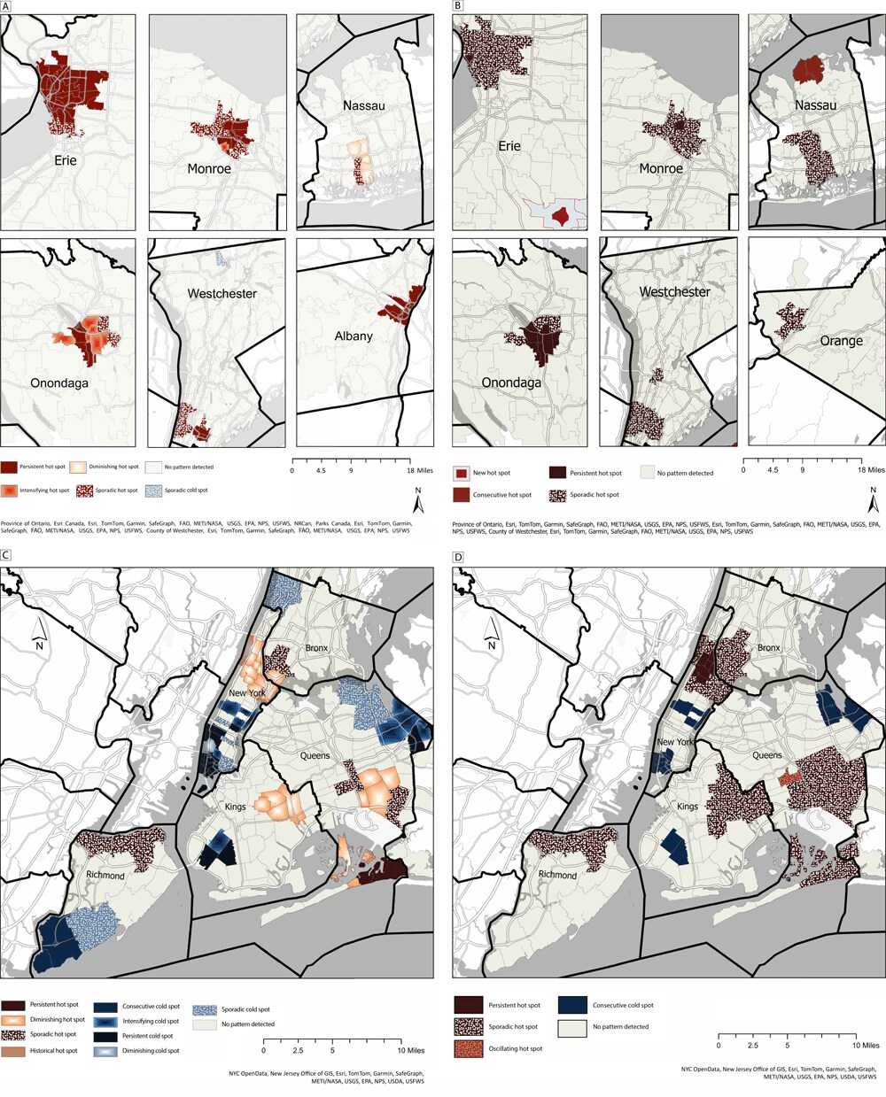 Panels A and B show results of Emerging Hot Spot Analysis (Esri) by zip code level for counties outside New York City with a high asthma burden, before and during the COVID-19 pandemic. Hot spots were detected in urban areas, including Albany (Albany County), Buffalo (Erie County), Rochester (Monroe County), Syracuse (Onondaga County), around Hempstead (Nassau County), and around Yonkers (Westchester County). The analyses for Dutchess and Orange counties did not yield significant results in the 2016 to 2019 time period. The analyses for Dutchess and Albany counties did not yield significant results in the 2020 to quarter 2, 2022 time period. Results for Albany County may be affected by missing data caused by a known lag in reporting by area hospitals during the pandemic. A: Emerging Hot Spot Analysis of zip code-level quarterly asthma emergency department visits per 10,000 population in high-asthma-burden counties, New York State, 2016 to 2019. B: Emerging Hot Spot Analysis of zip code-level quarterly asthma emergency department visits per 10,000 population in high-asthma-burden counties, New York State, 2020 to quarter 2, 2022. Panels C and D show results of Emerging Hot Spot Analysis by zip code level and by county for New York City before and during the COVID-19 pandemic. The dark gray lines represent county borders, and the light gray lines represent zip code borders. The area of zip codes in New York City is shaded according to the emerging hot spot result legend. Panel C shows quarterly asthma emergency department visits per 10,000 population in high asthma burden counties, 2016 to 2019. Panel D shows quarterly emergency department visits per 10,000 population in high asthma burden counties, 2020 to quarter 2, 2022.