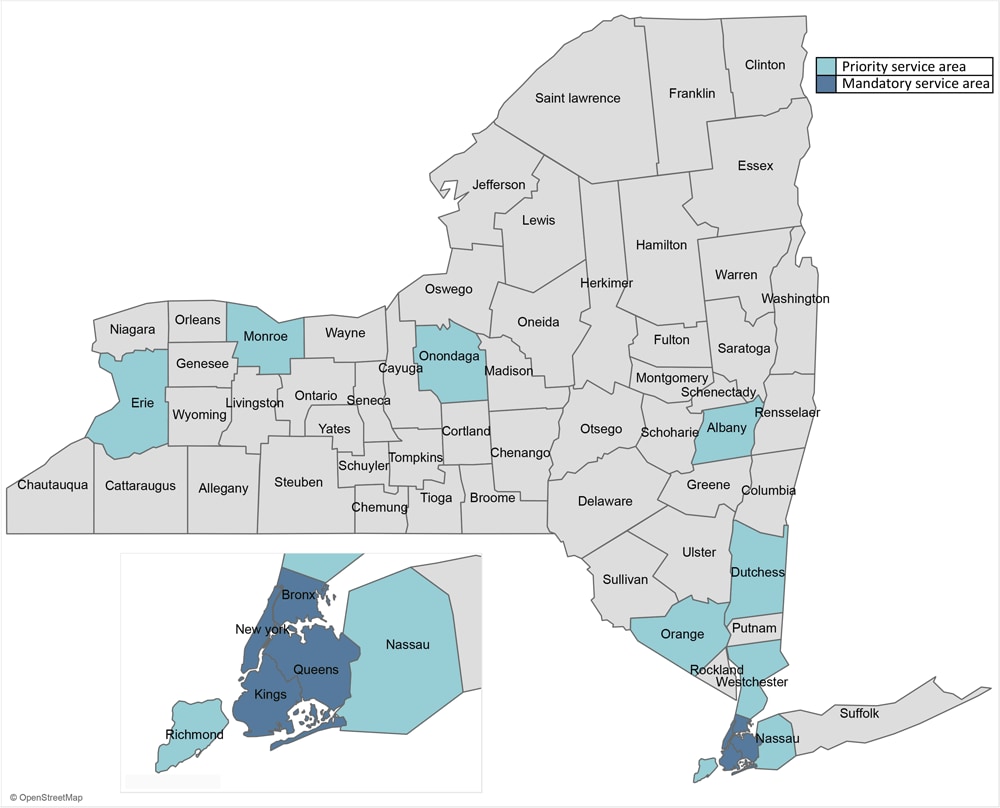 24_0059_02 Program surveillance identified 13 of 62 counties in New York State with the highest asthma burden. These counties experienced high rates of asthma-related emergency department visits and hospitalizations among people aged 0 to 24 years, or a disproportionately high number of such visits compared to the state's total. Among the counties with the greatest asthma burden, 9 were designated priority service areas (Albany, Dutchess, Erie, Monroe, Onondaga, Orange, Nassau, Richmond, and Westchester) and 4 were designated as mandatory service areas (Bronx, Kings, New York, and Queens).