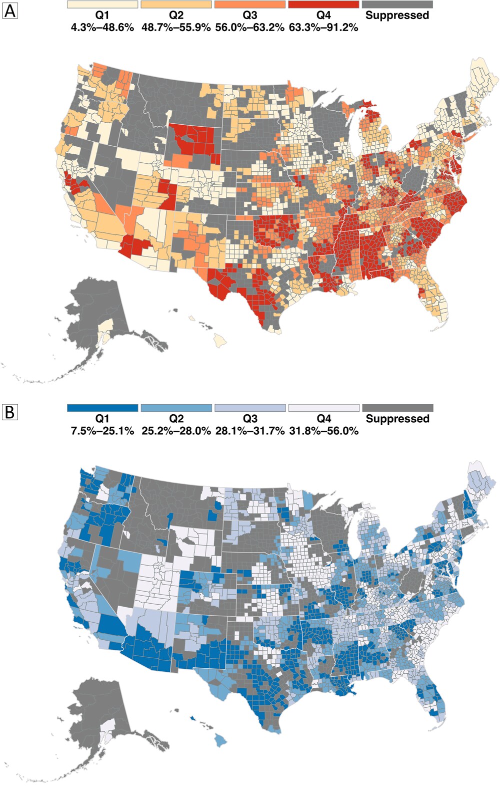 Prevalence of hypertension and hypertension control among US adult patients aged 18 years or older in 2022. Maps display county-level prevalence in quartiles of hypertension (Map A) and hypertension control (Map B) among adult patients in the IQVIA Ambulatory Electronic Medical Record-US database (1) in 2022. On Map A, the darker the color, the higher the hypertension prevalence, and on Map B, the darker the color, the lower the hypertension control prevalence among adults with hypertension. Suppressed counties (those with estimates that did not meet the National Center for Health Statistics rules) (2) were colored in dark gray on both maps.