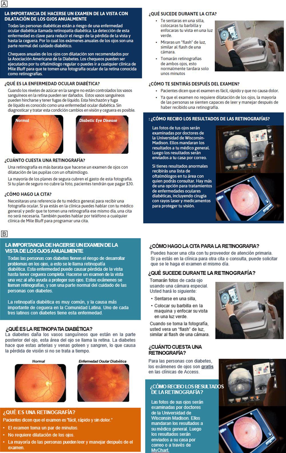 24_0381_Appendix_Spanish Figure. Sample of a flyer in Spanish modified by the community advisory board for project TeleOjo. Panel A is the original flyer, a version of what was already being used in English. Panel B is the flyer after modifications by community advisory board members. The English translation of this flyer appears below the flyer in Spanish.