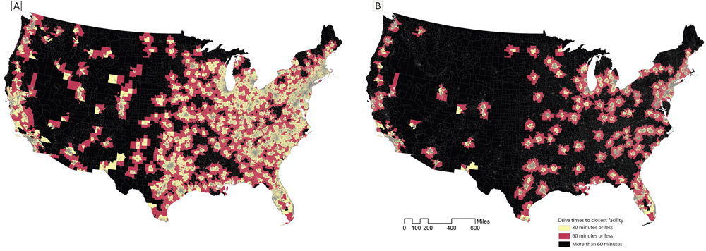 24_0429_01 Maps of census tracts within versus beyond 30- or 60-minute drive time of A) any stroke care (ie, ASRH, PSC, TSC, or CSC) and B) advanced stroke care (ie, TSC or CSC). Abbreviations: ASRH, Acute Stroke–Ready Hospital; CSC, comprehensive stroke center; PSC, primary stroke center; TSC, thrombectomy-capable stroke center.