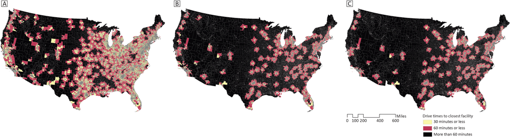 Maps of census tracts within versus beyond 30- or 60-minute drive time of A) any certified stroke care (ie, ASRH, PSC, TSC, or CSC); B) advanced stroke care (ie, TSC or CSC); and C) comprehensive stroke care (CSC) only. Abbreviations: ASRH, Acute Stroke–Ready Hospital; CSC, comprehensive stroke center; PSC, primary stroke center; TSC, thrombectomy-capable stroke center.