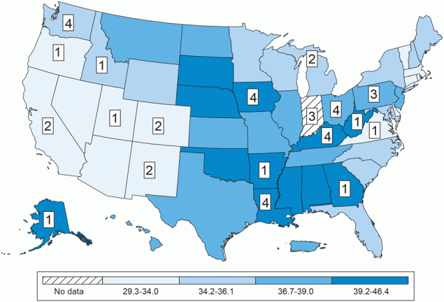 Age-adjusted colorectal cancer incidence and distribution of included articles (N = 36) by state, scoping review of colorectal cancer screening interventions in rural settings, January 2010–May 2024. Age-adjusted colorectal cancer incidence rates per 100,000 standard population were based on US cancer incidence data from 2017 through 2021. The numbers represent the number of articles that were included in our review whose intervention was implemented in that state. Four pairs of articles (n = 8 total) were publications on the same study.
