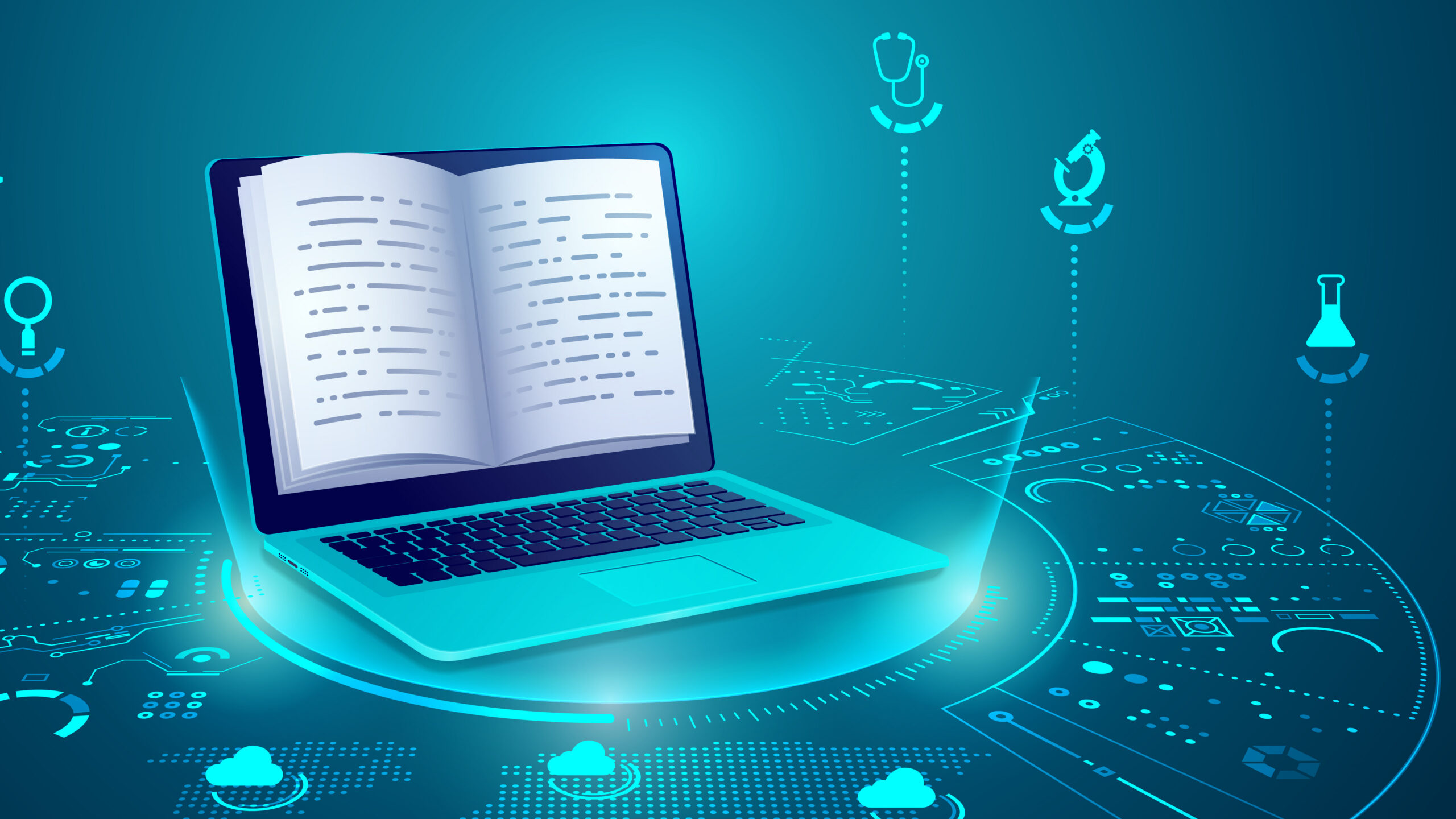 Graphic of computer and textbook with data icons