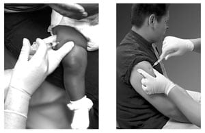 Images of intramuscular injection into toddler thigh and adult upper arm.