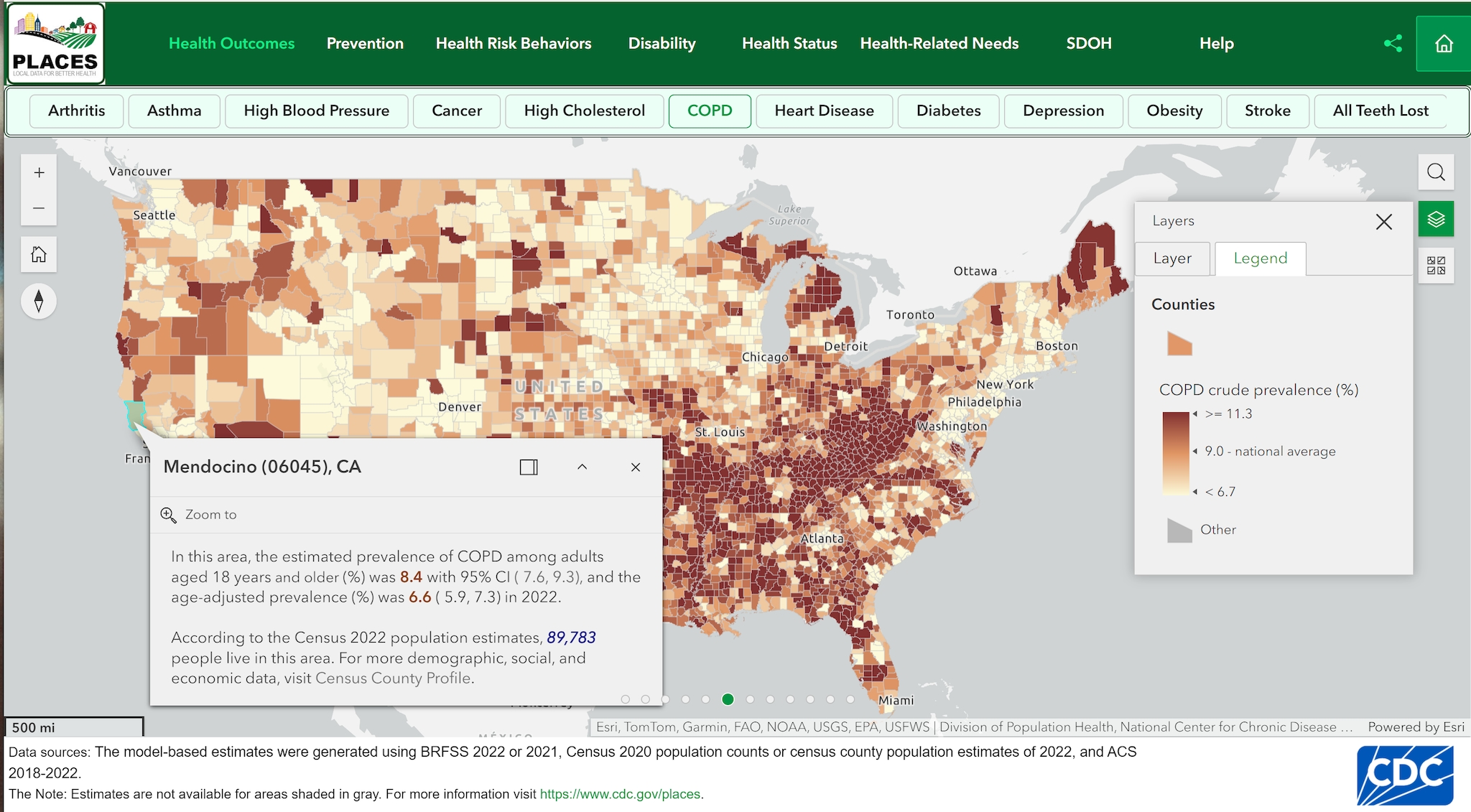 Screenshot of PLACES interactive map and a combination of its features.