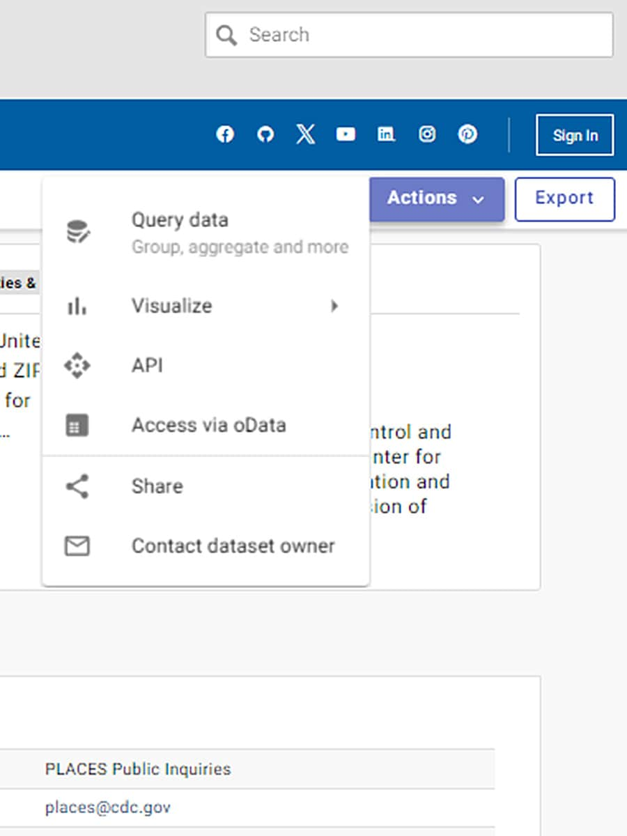 PLACES Data Portal Actions button and menu, including Query data, visualize, API, Access via oData.