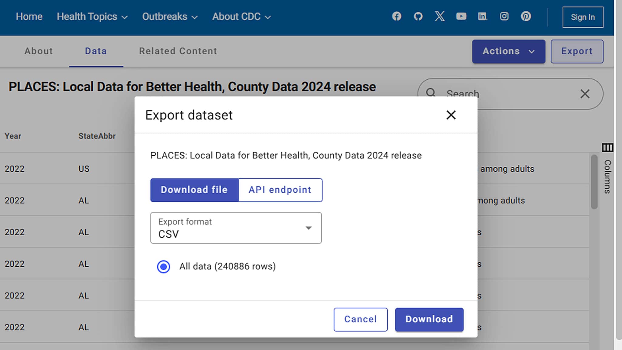 The Data Portal "Export" window accessed from the "Export" button next to the "Actions" button.