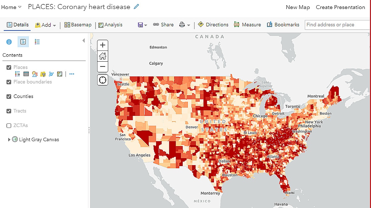 Customized Coronary Heart PLACES map on ArcGIS Online Map Viewer for individual measure.