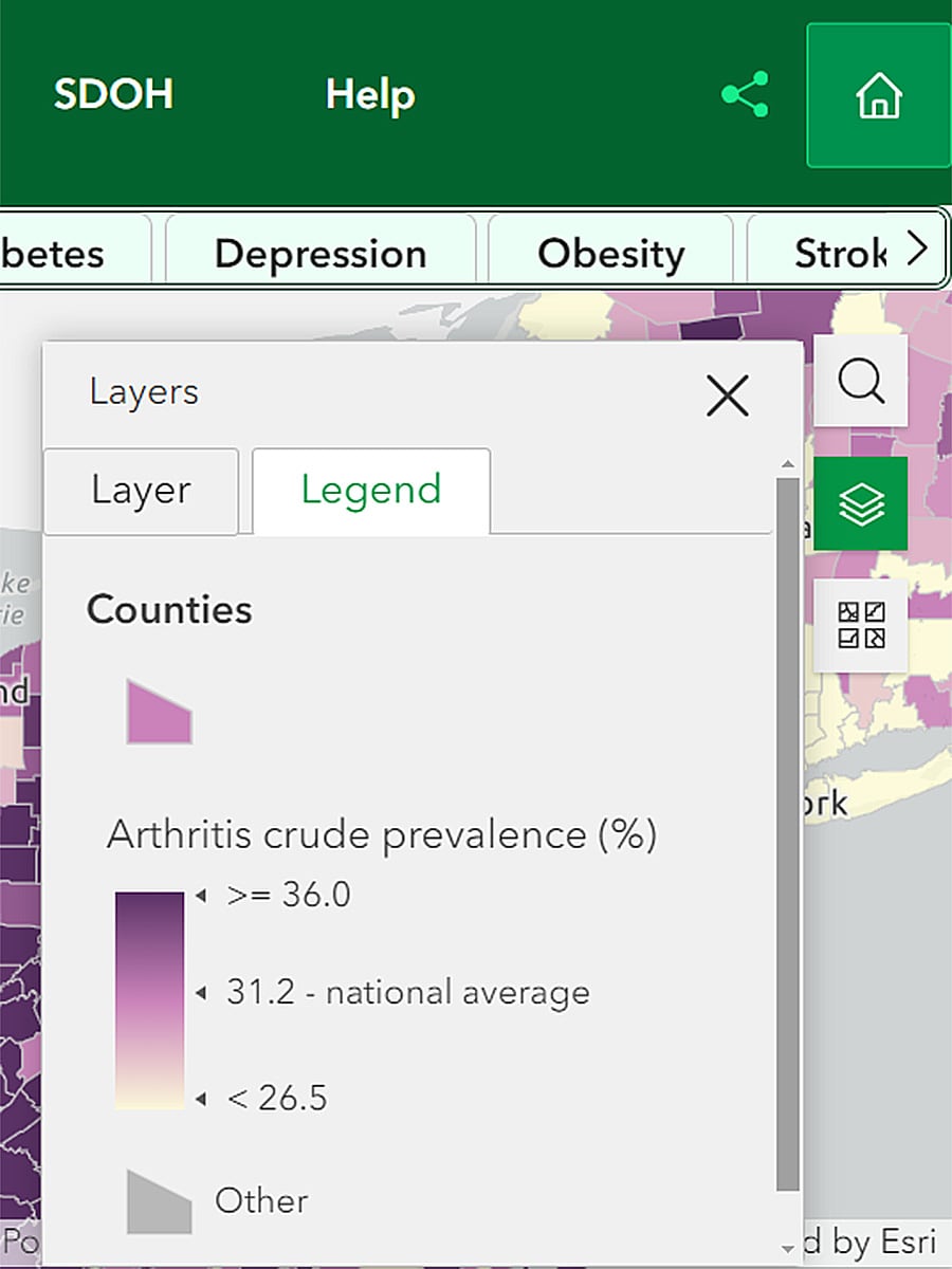 Layer/Legend button with Legend tab highlighted, showing Counties' Arthritis crude prevalence.