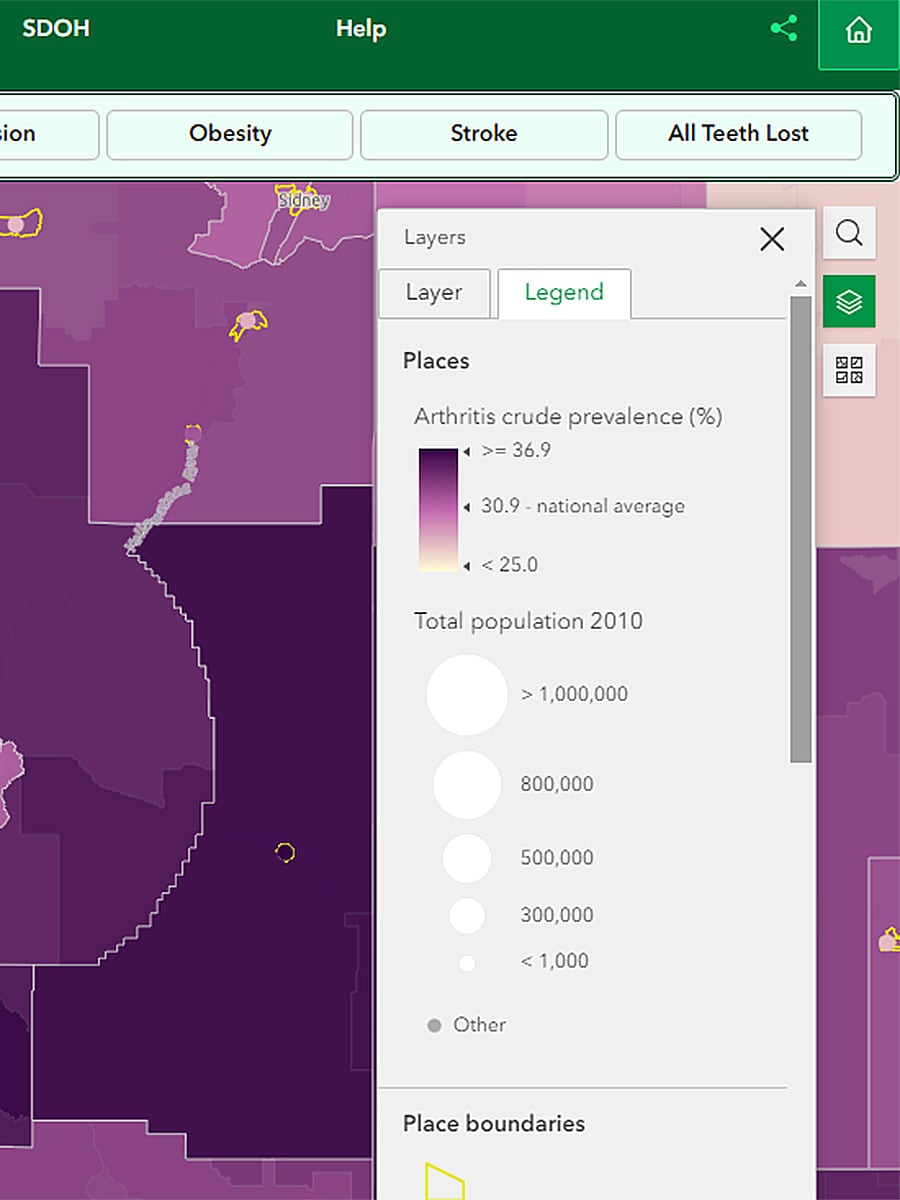 PLACES map with Legend tab selected, showing circle sizes based on 2010 census population.