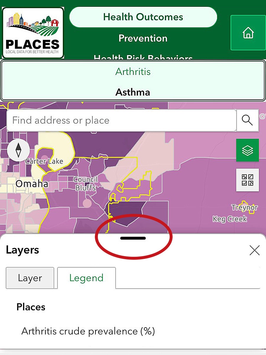 The Layers and Legend options also appear at bottom on mobile. Pull up on circled bar for details.