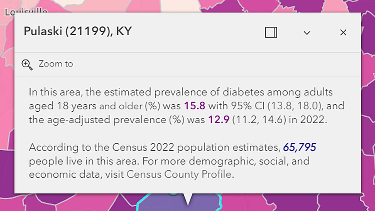 Pop-up that displays the estimate for the layer/layers visible on a map. Here, diabetes prevalence.