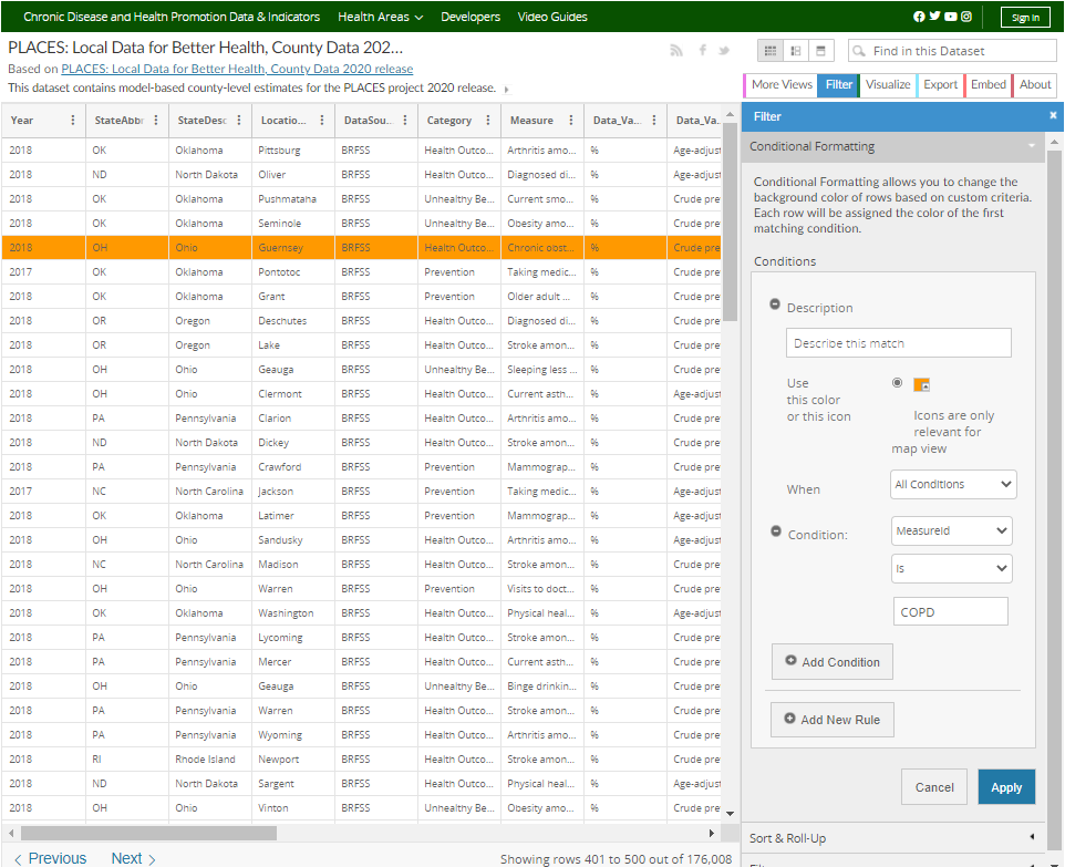 screenshot of conditional formatting