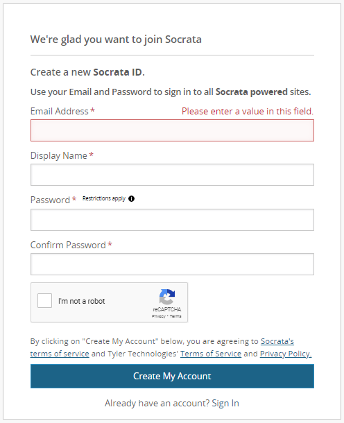 screenshot of create an account