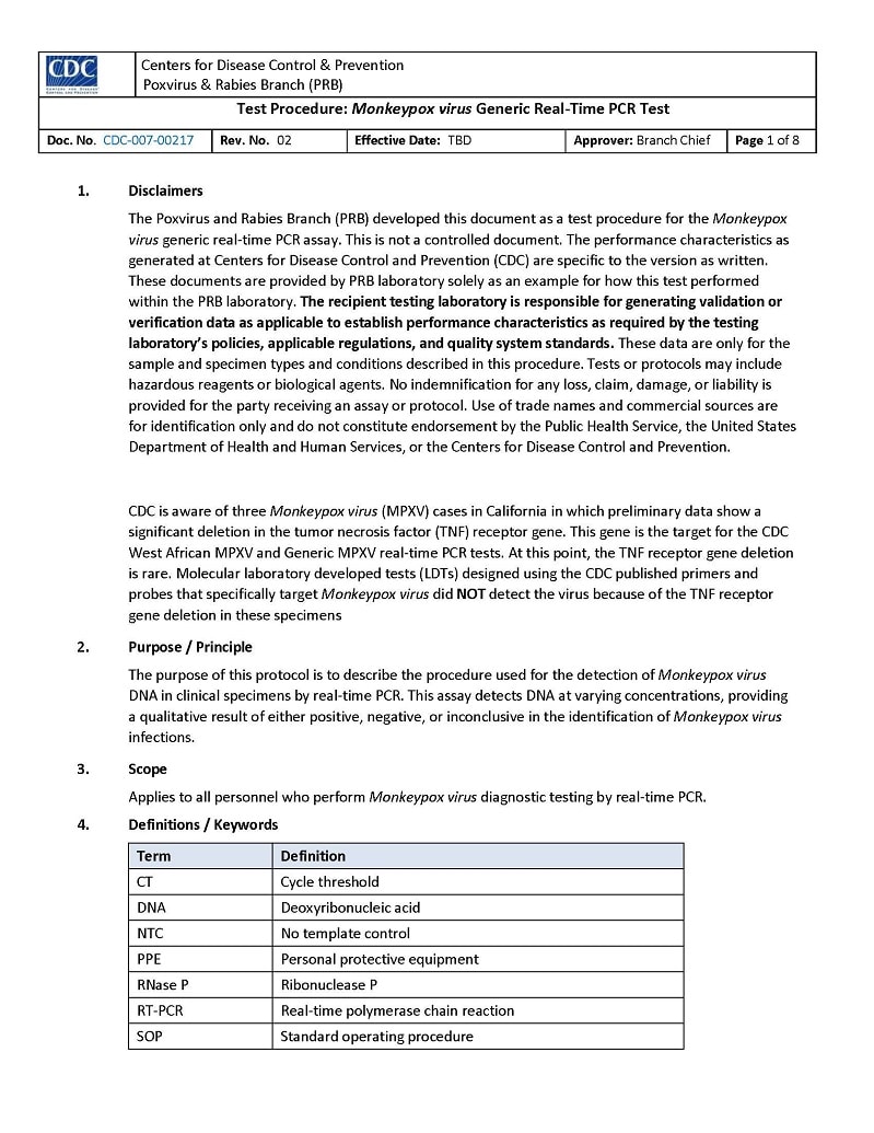 Preview of Monkeypox virus Generic Real-Time PCR Test Procedures PDF from CDC