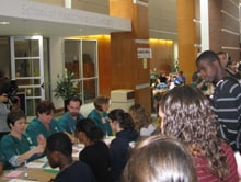 Aspiring doctors at the University of Rochester%26rsquo;s School of Medicine and Dentistry wait for an evaluation during the Deaf Strong Hospital role-playing exercise