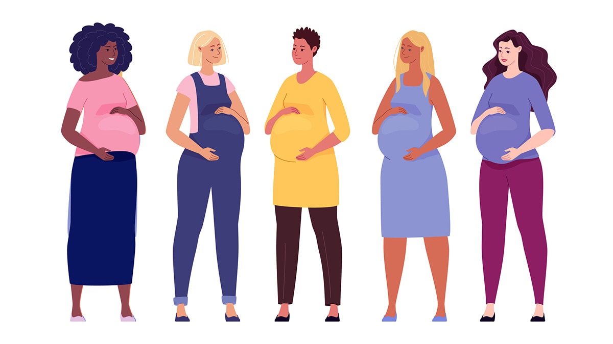 Five pregnant women of different ethnicities.
