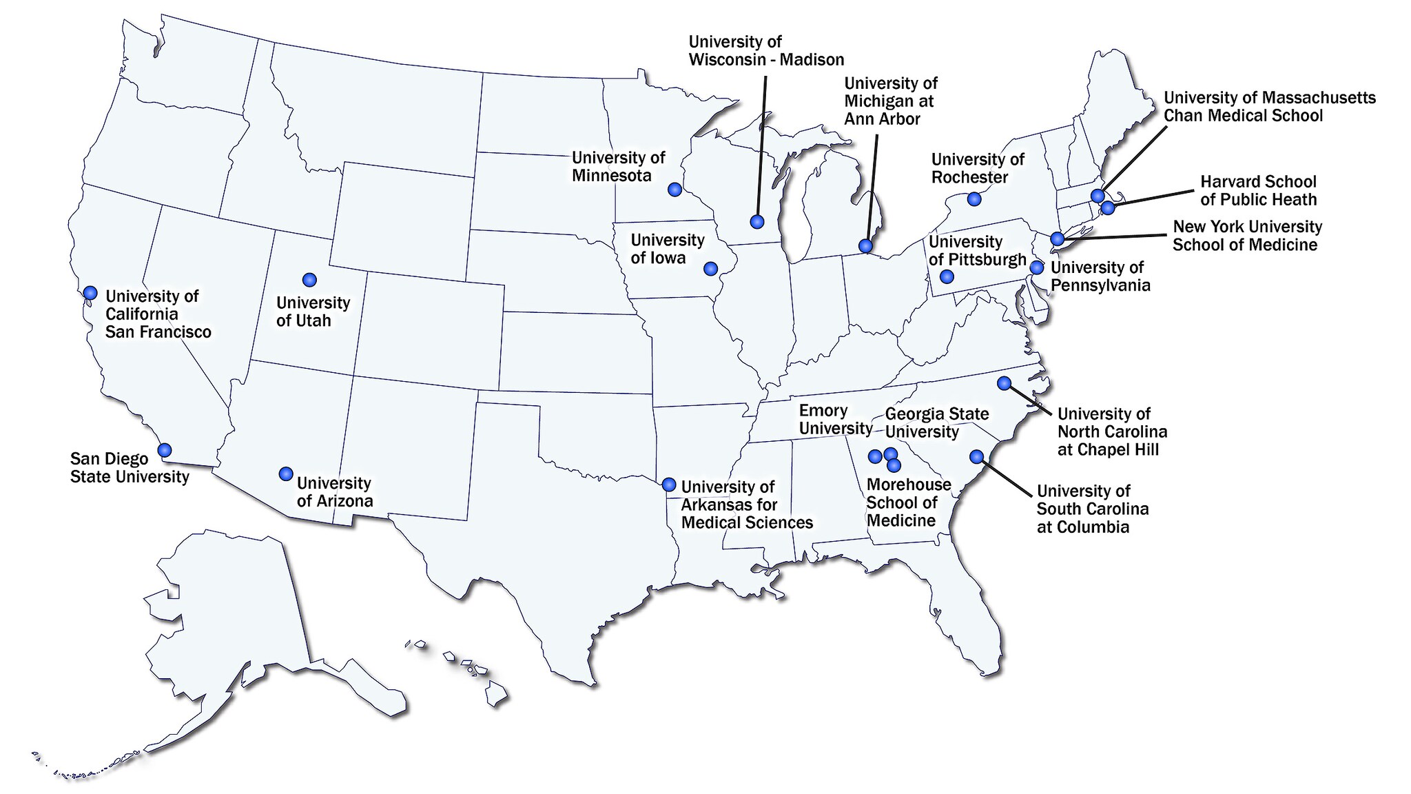 Map showing locations of the 20 currently funded PRCs for funding cycle 2024–2029.