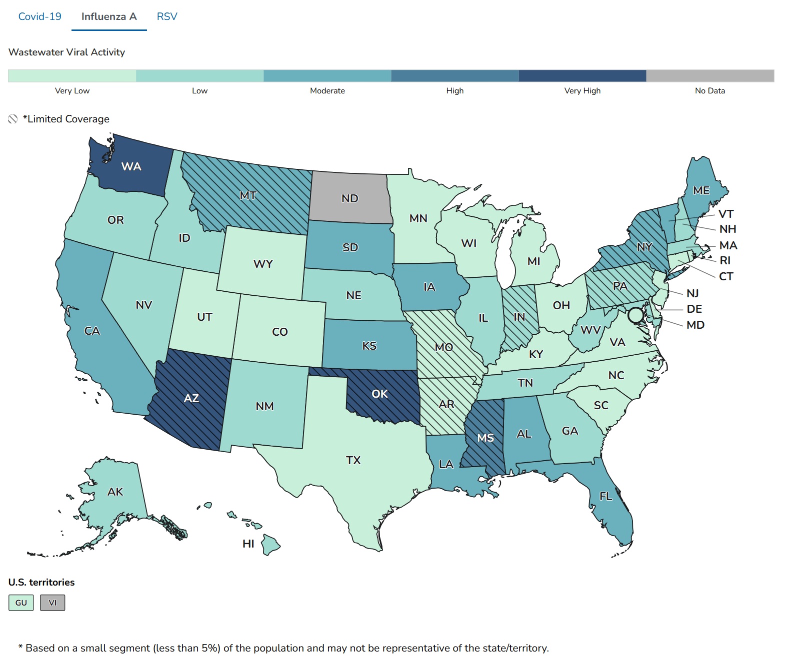 US map of CDC's Wastewater Dashboard Data