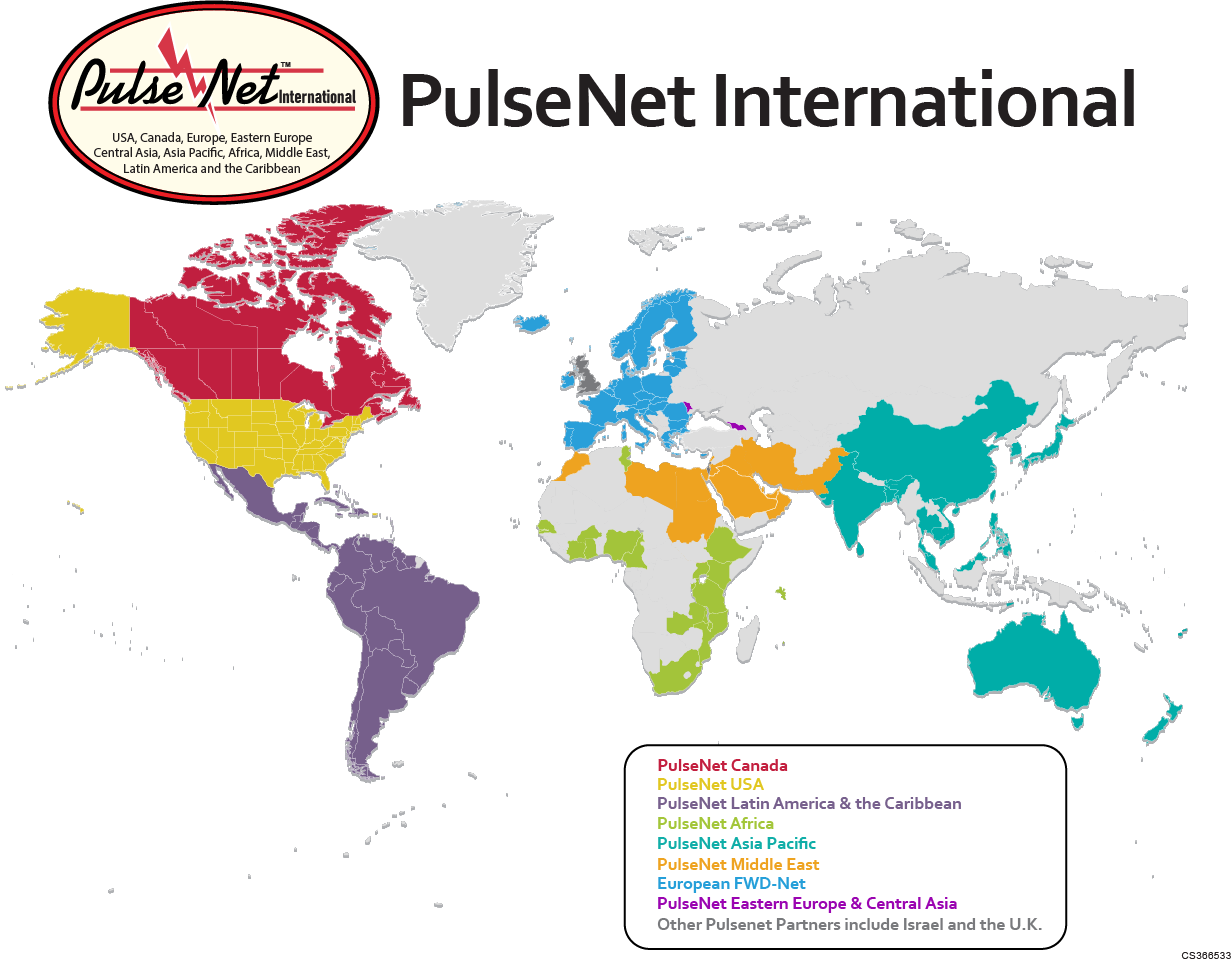 A map illustrating regions by country who participate in PulseNet International