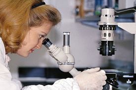 Female scientists looking into microscope.