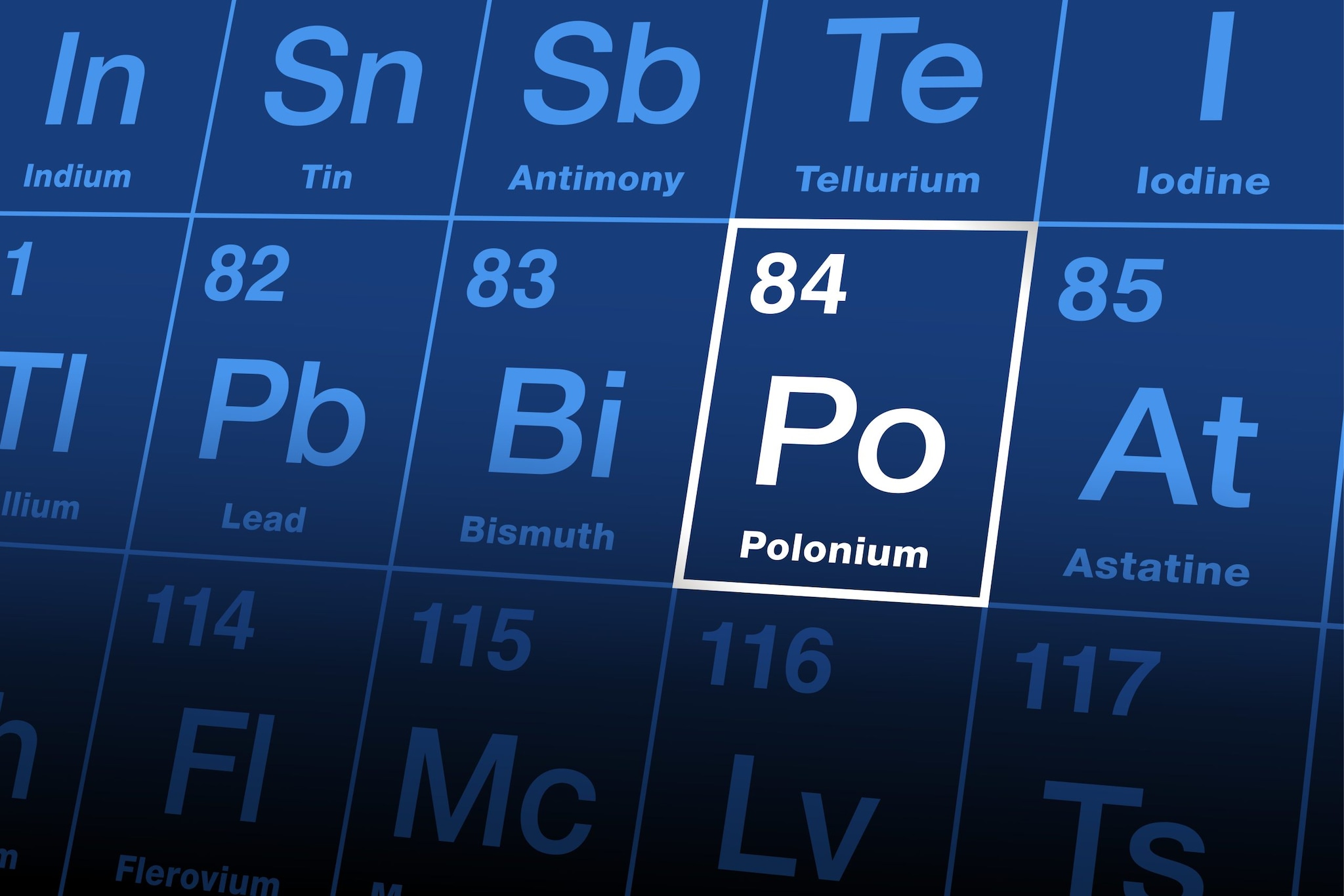 Close-up shot of the periodic table with the element Polonium highlighted in a white box