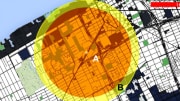 An arial view of a city map with colored circles indicating areas of blast/thermal damage.
