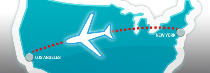 Vector image of a plane flying from New York to Los Angeles