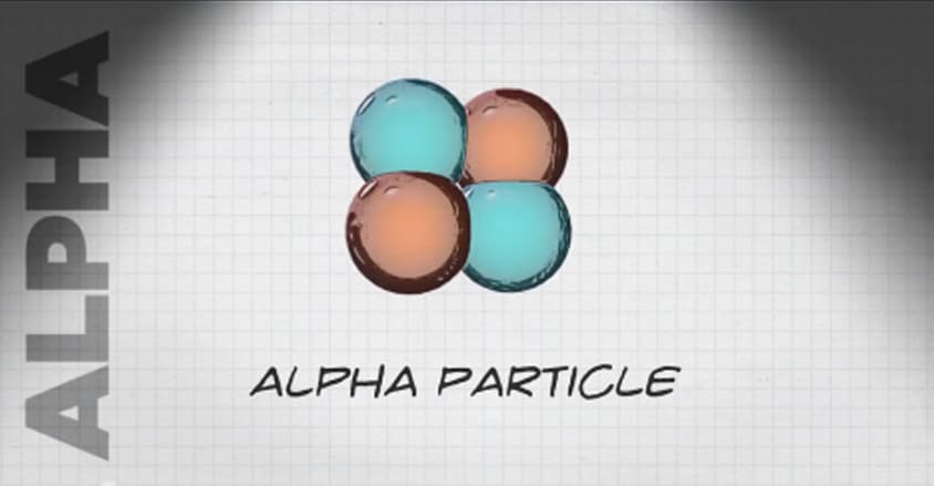 An illustration of alpha particles showing two blue circles and two reddish-orange circles to make up the particle.