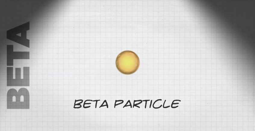Beta particle drawing showing one yellow circle making up the beta particle.