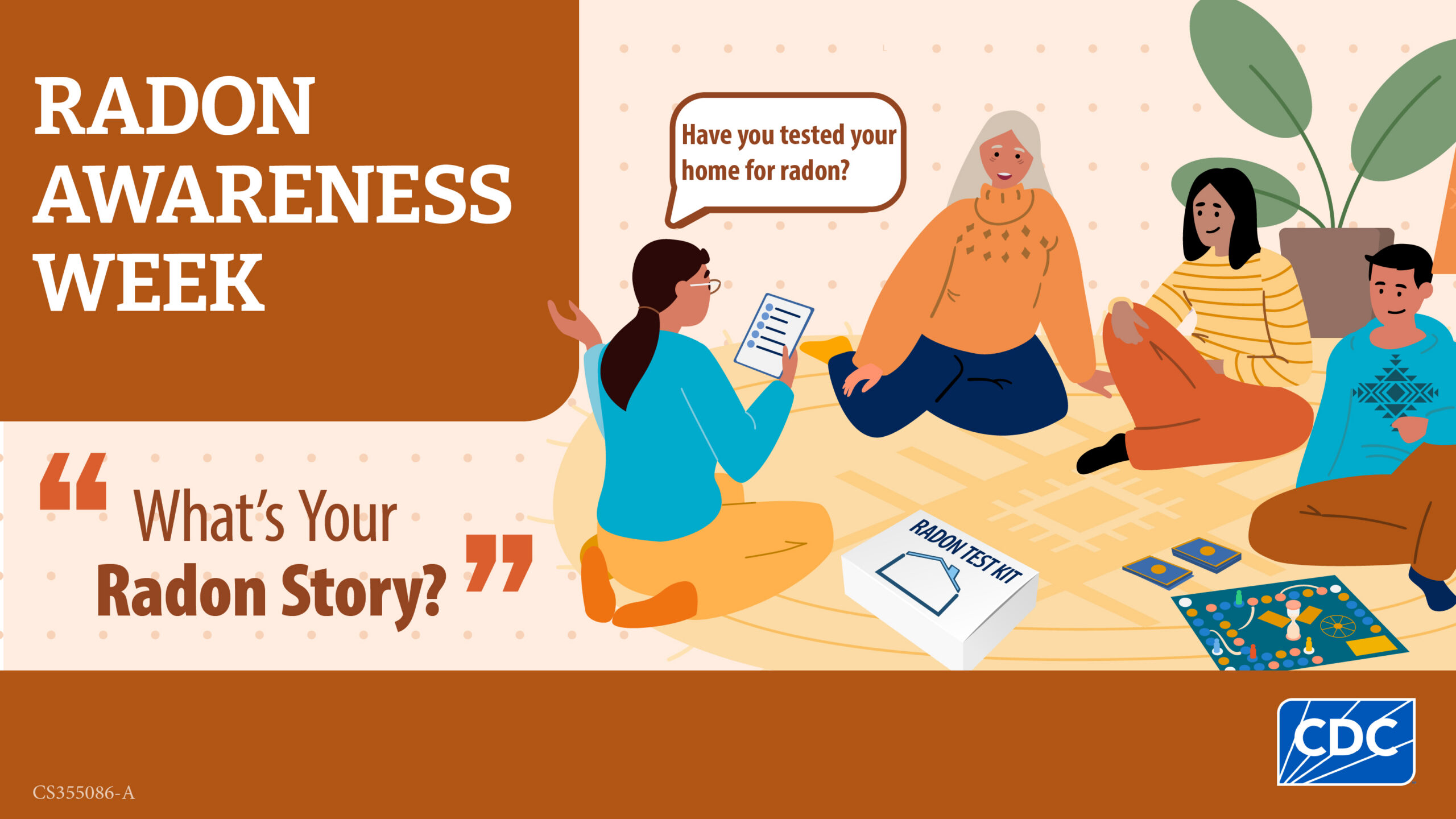 Diverse group of people by apartment windows talking about radon.