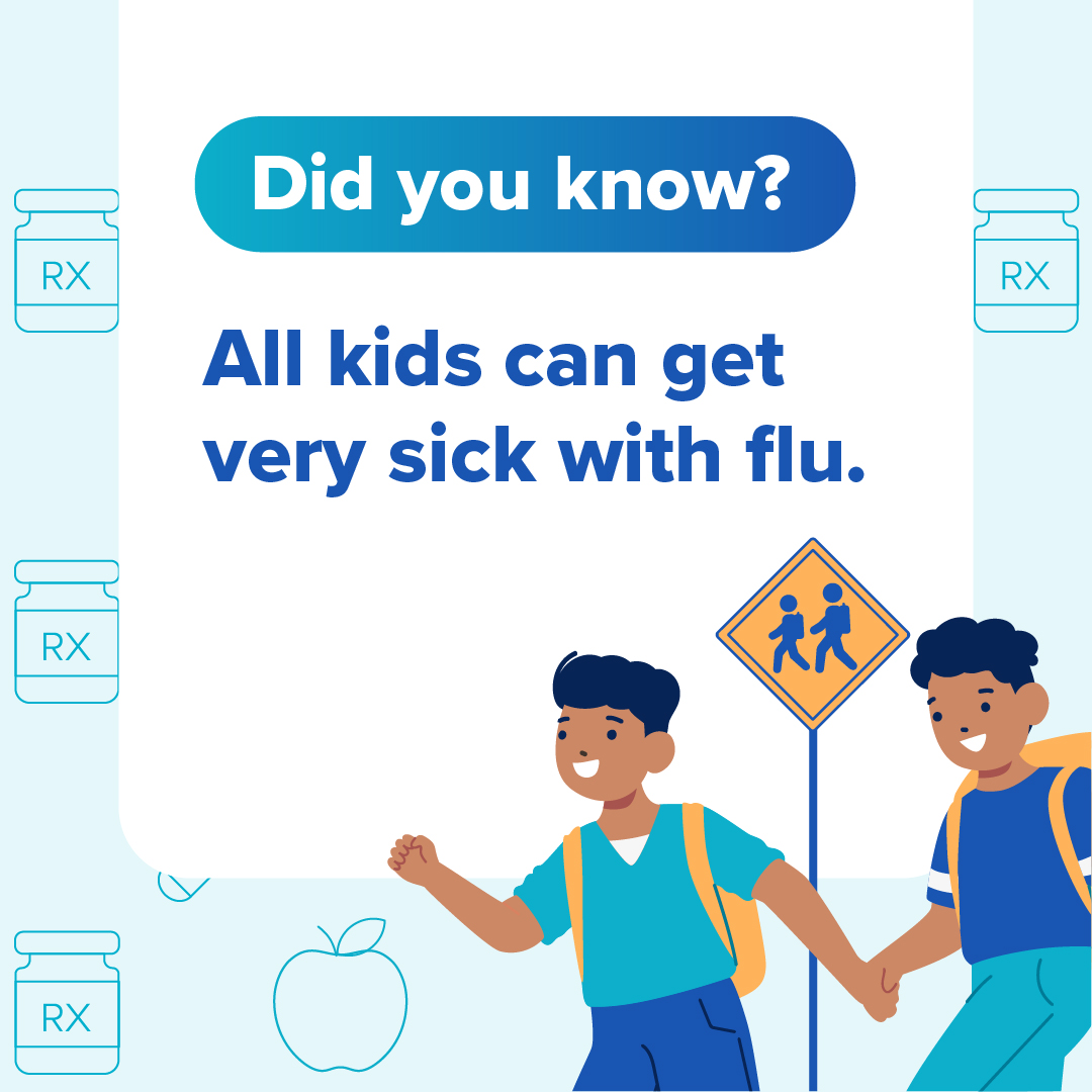 Graphic explaining how all children are at risk for getting sick from flu