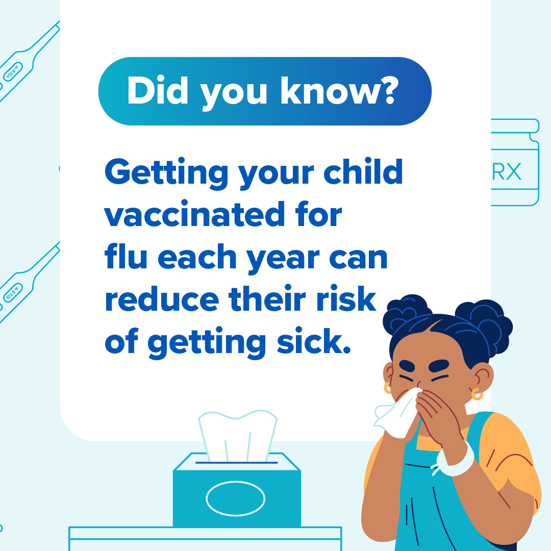 Graphic explaining how getting your child vaccinated for flu each year can reduce their risk of getting sick