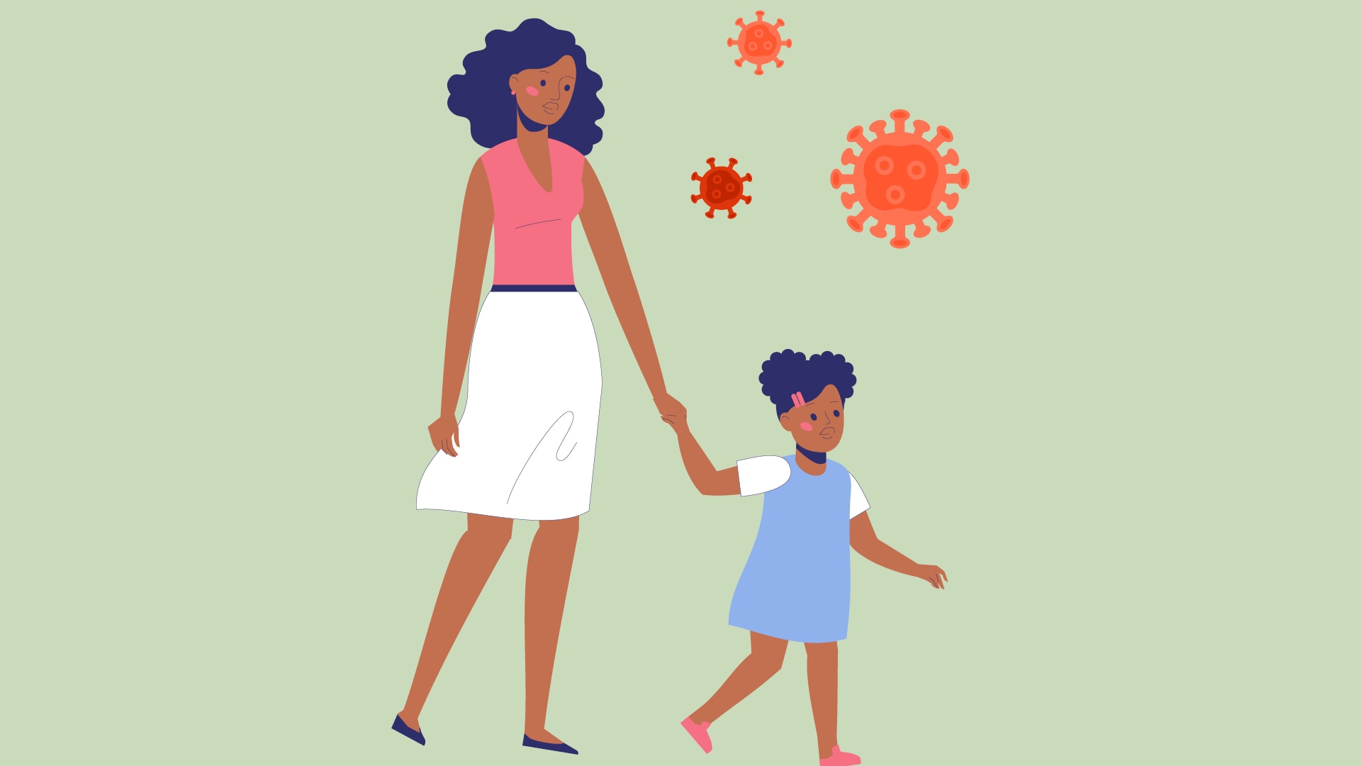 An illustration of a woman holding hands and walking with her young daughter with viruses in the air around them