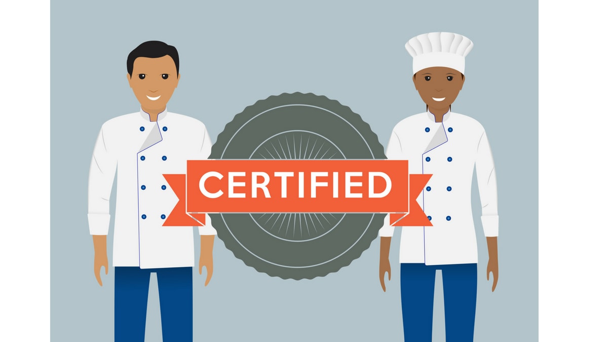 Two restaurant kitchen staff with the word "certified" between them.