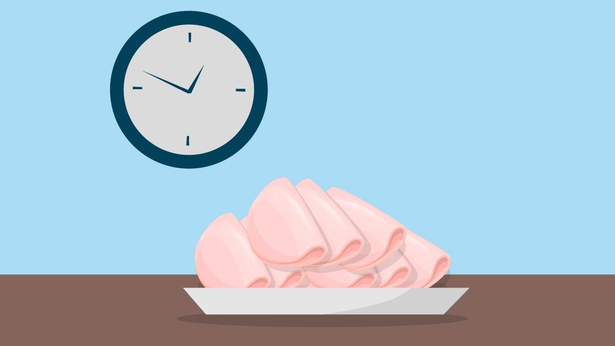 Plate of sliced deli meat on a counter with a clock in the background.