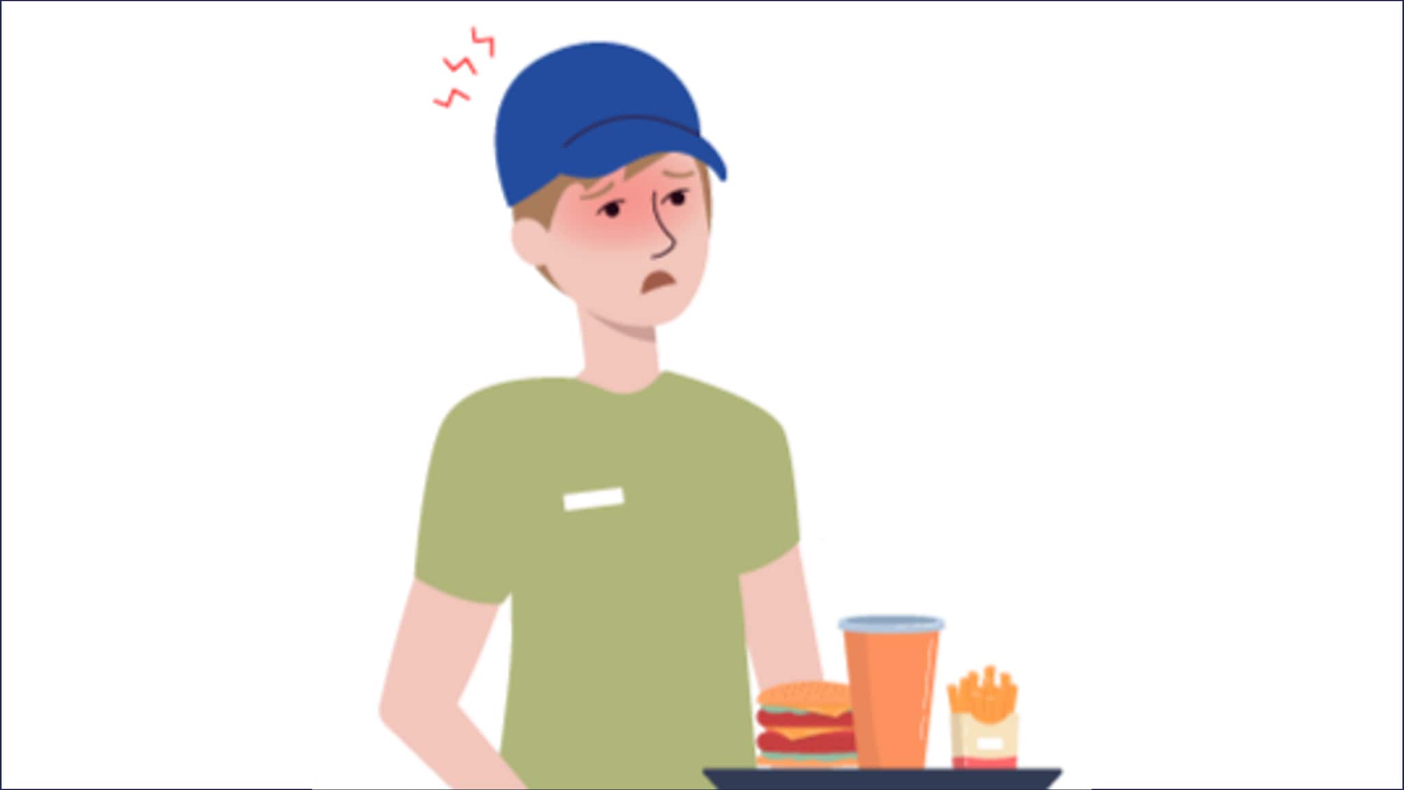 Cartoon sick food worker in front of a tray of food.