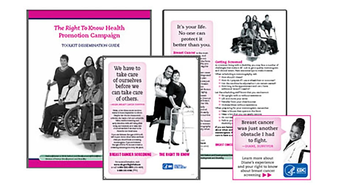 An image collage showing several free materials from the Right to Know campaign