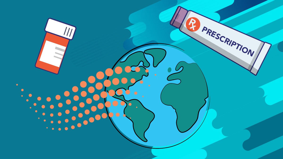 the world with an antifungal prescription medicine bottle and antifungal ointment.