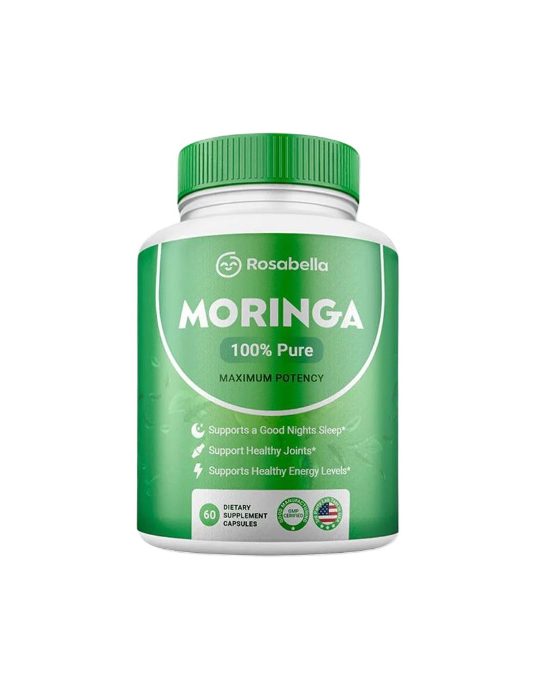 Rosabella moringa powder capsule bottle.