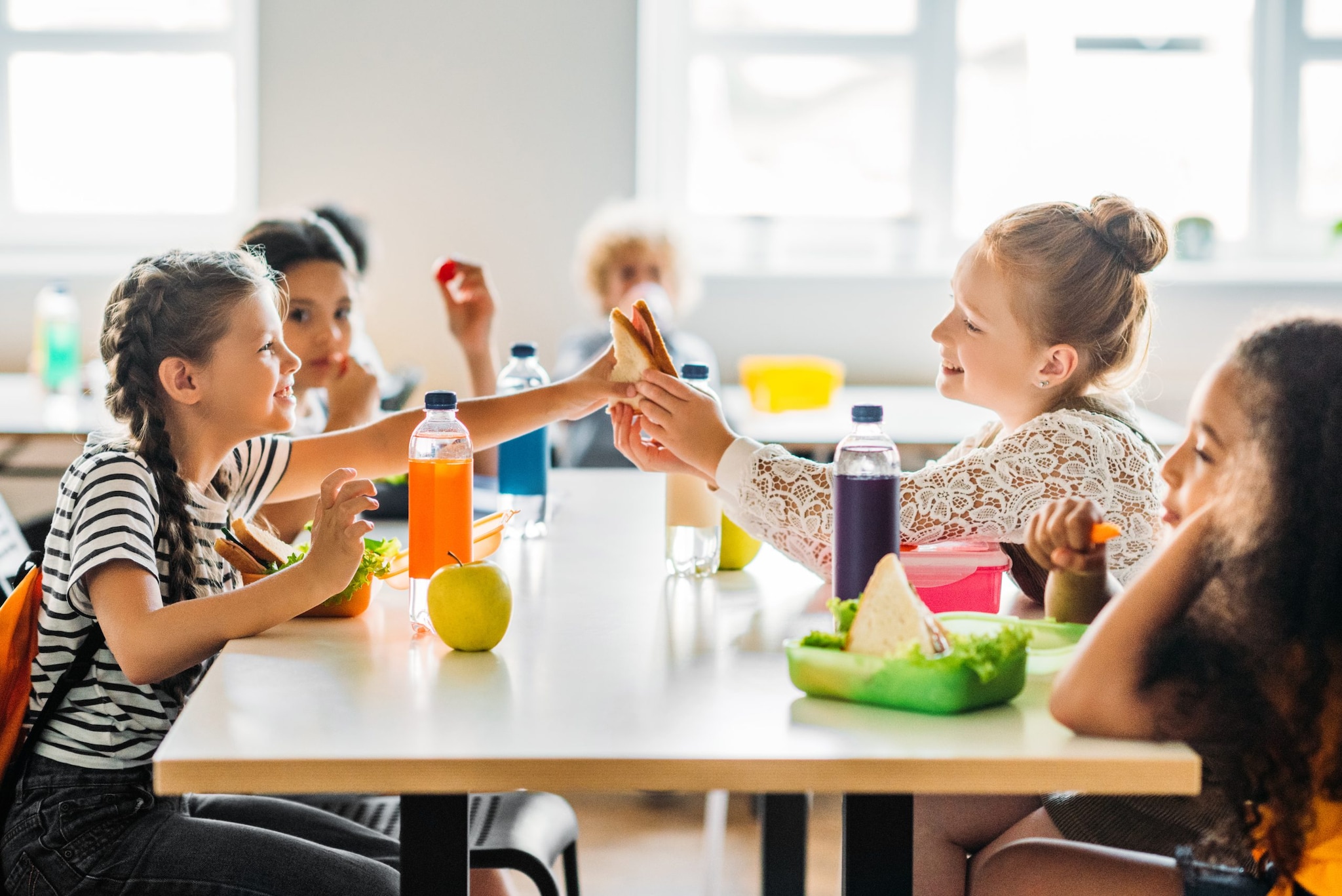 A group of students eating lunch at school.